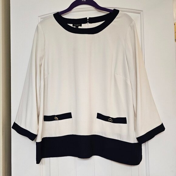 NWT Women's Talbots Career Top 3/4 Sleeve Off White/Navy Blue Trim Size M - Picture 1 of 5